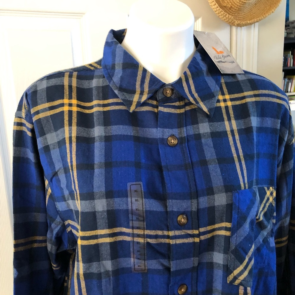FIELD & STREAM blue flannel w/ yellow plaid Men XL - Picture 4 of 5